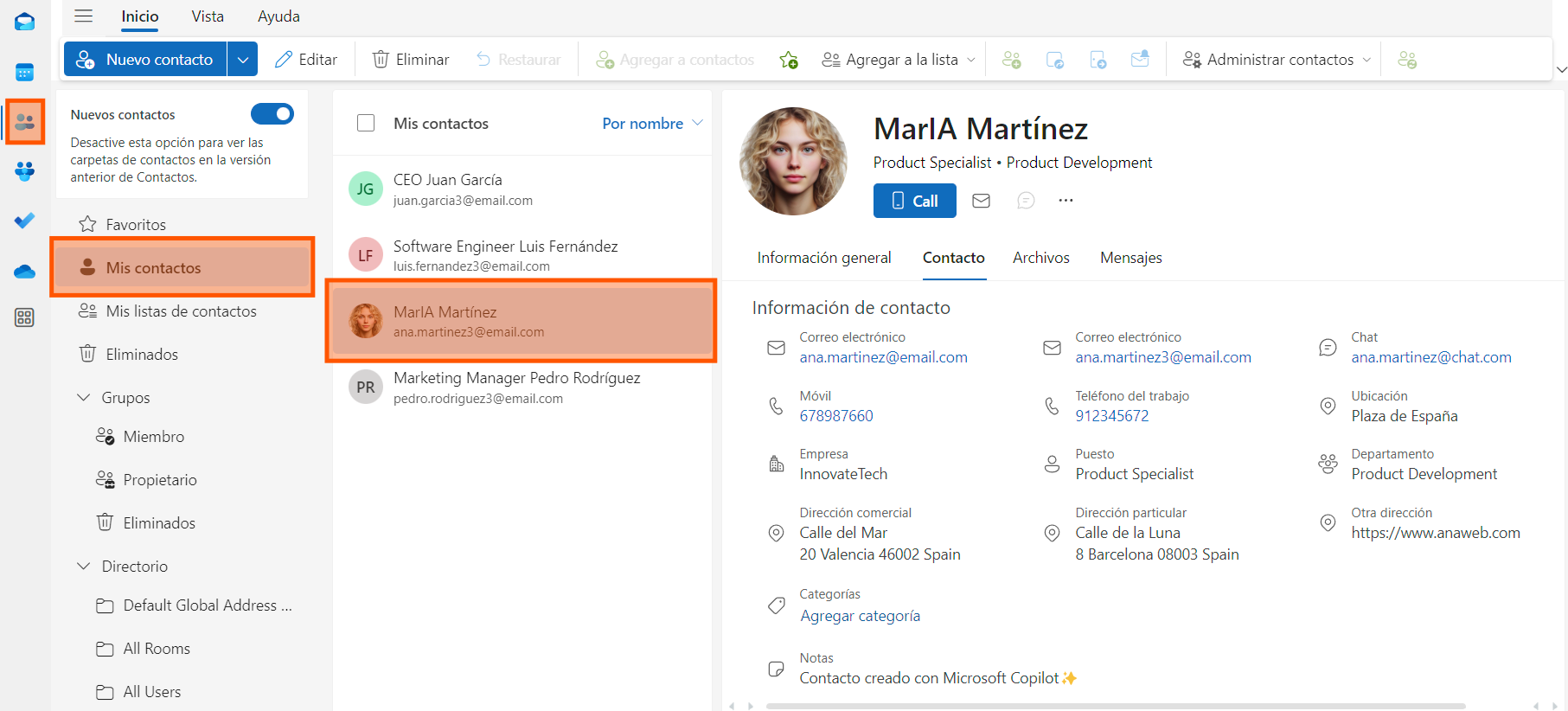 Página principal de contactos